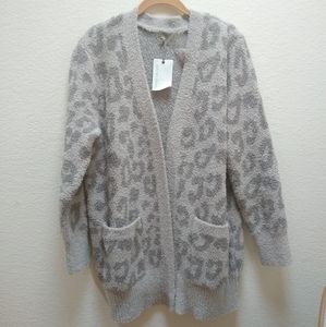 Barefoot Dreams Leopard Animal Print Cardigan Linen/Warm Gray
